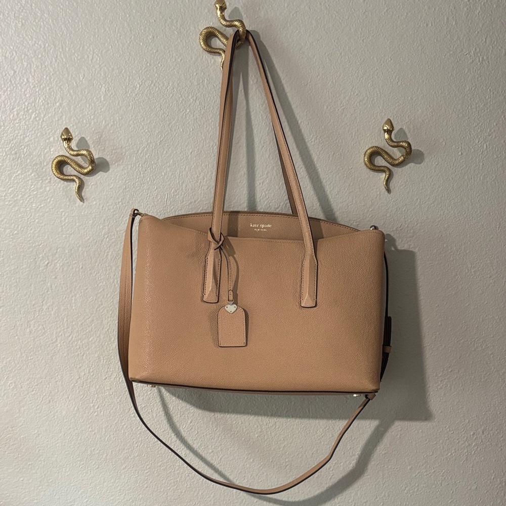 kate spade Pebbled Leather Double-Handle Tote in Tan